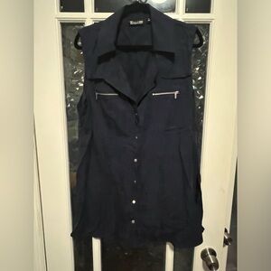 New York & Company Blue Sleeveless Button Down Belted  Shirt Size XL